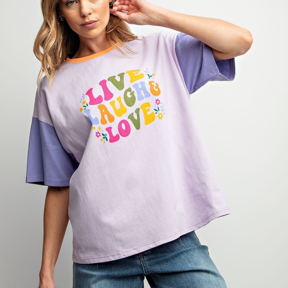 easel Tops - NEW EASEL LIVE LAUGH AND LOVE PRINT WASHED COTTON JERSEY TOP SHIRT SMALL PURPLE